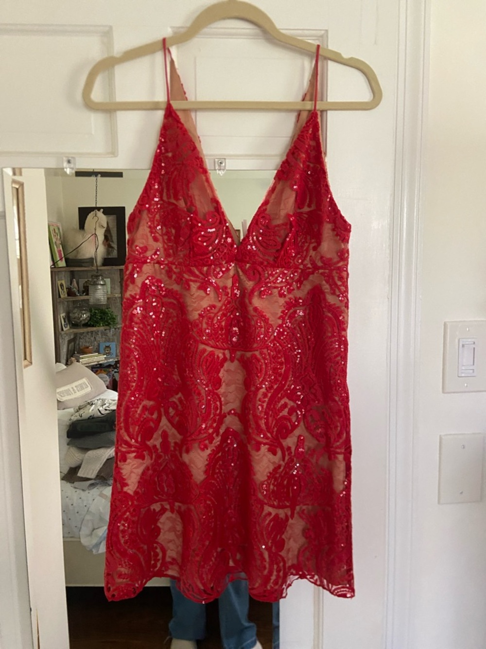 Free people Red Sequined Lace Slip Dress